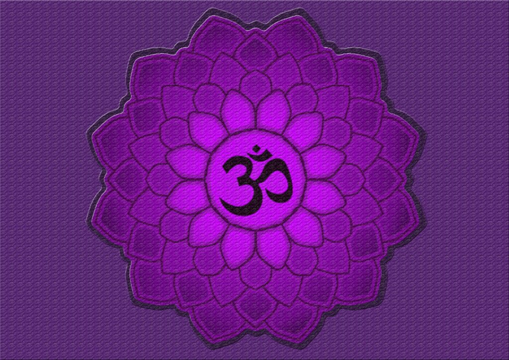 Illustration du chakra couronne, lotus violet à mille pétales et symbole Om